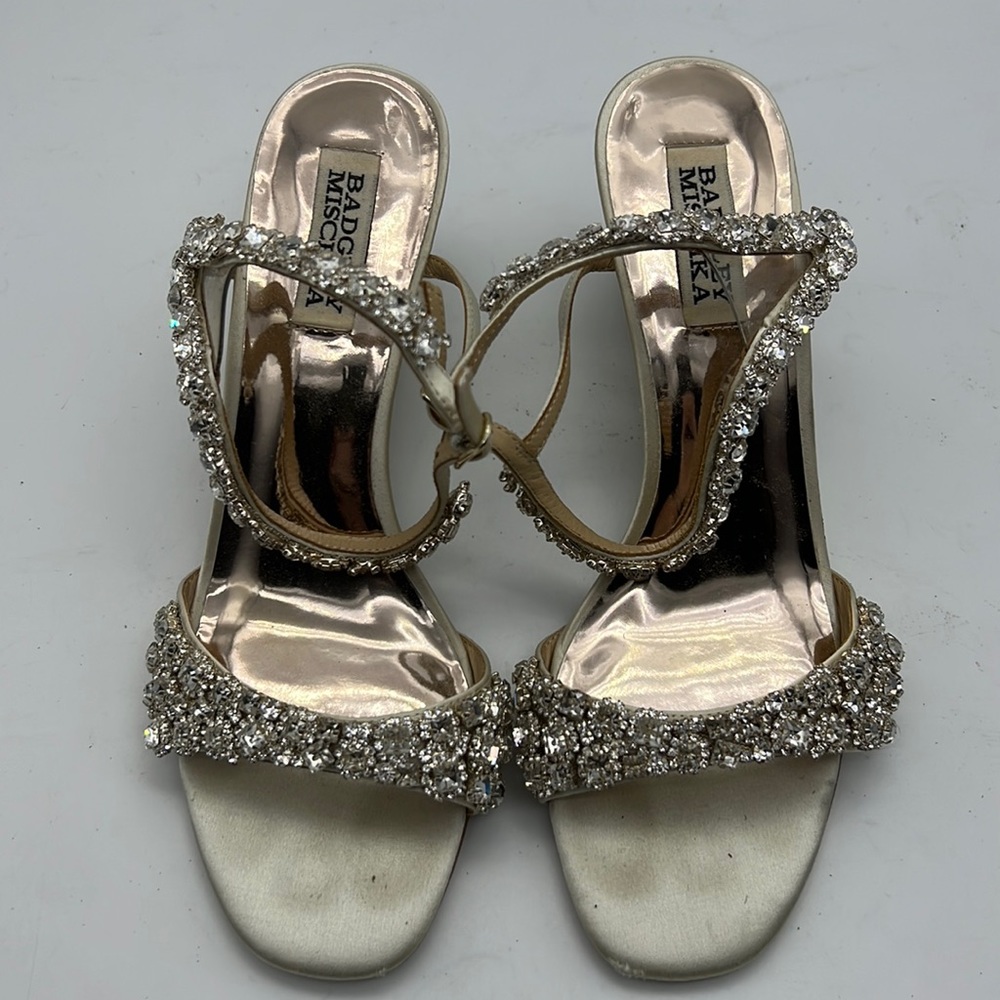 Badgley Mischka Ivory Satin Strappy Rhinestone Gali Wedge Sandal